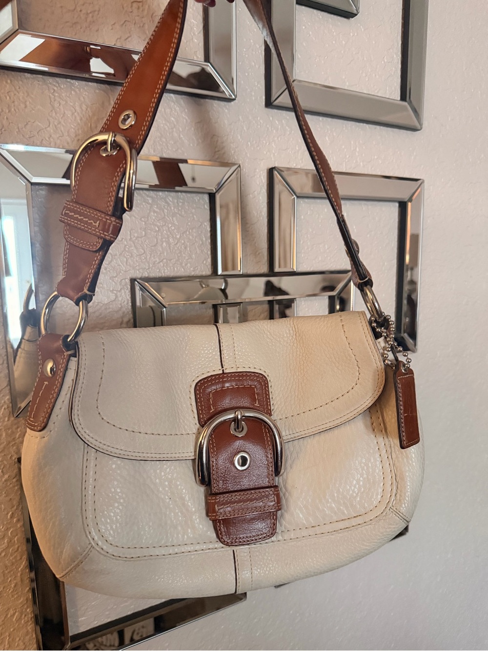 Coach Cream and Brown Leather Shoulder Bag with Buckle Accent